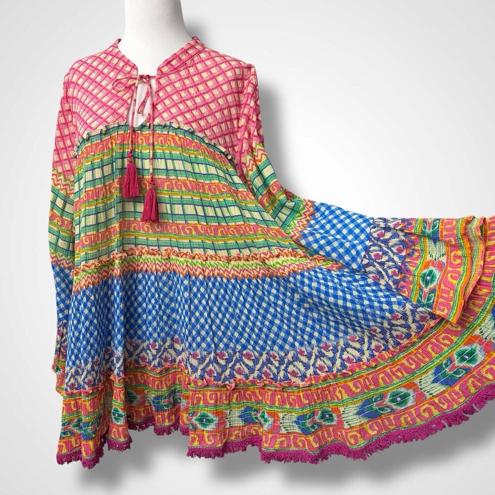 Lula Soul Women Size L Relaxed Top Blouse Extra Wide Bottom 100% Cotton Multi